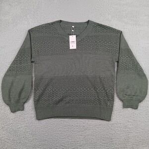 Athmile Sweater V-Neck Women L Sage Green Pointelle Balloon Sleeve NWT